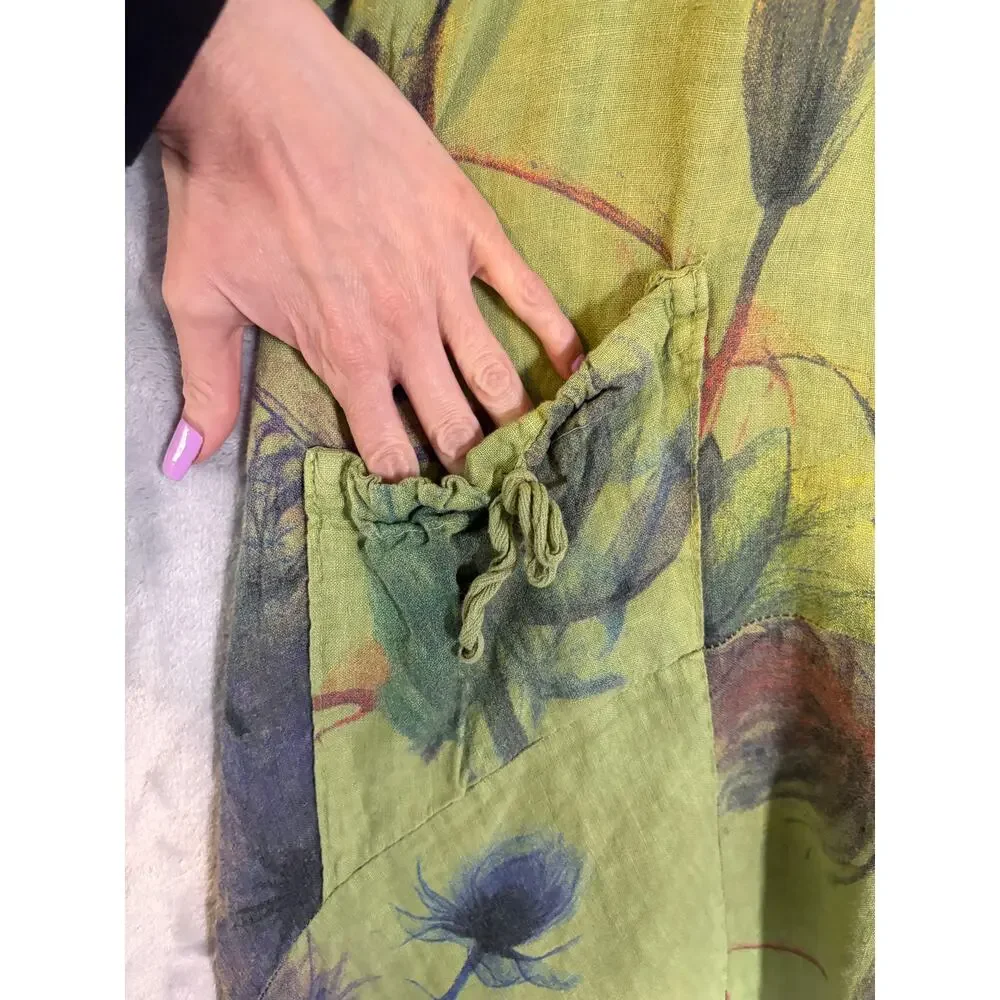 Green 100% Italian Linen Watercolor Floral Lagenlook Hobo Grunch Dress 0S Bubble